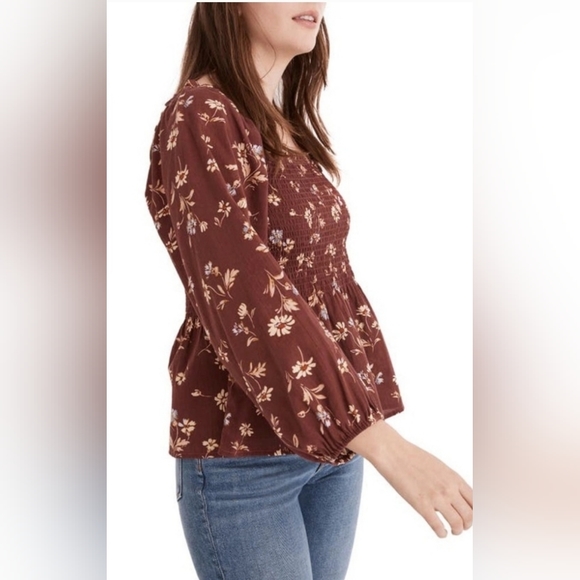 Nwt Madewell Lucie Smocked Square Neck Peplum Blouse Beatrice Floral Dark Merlot - Picture 2 of 7